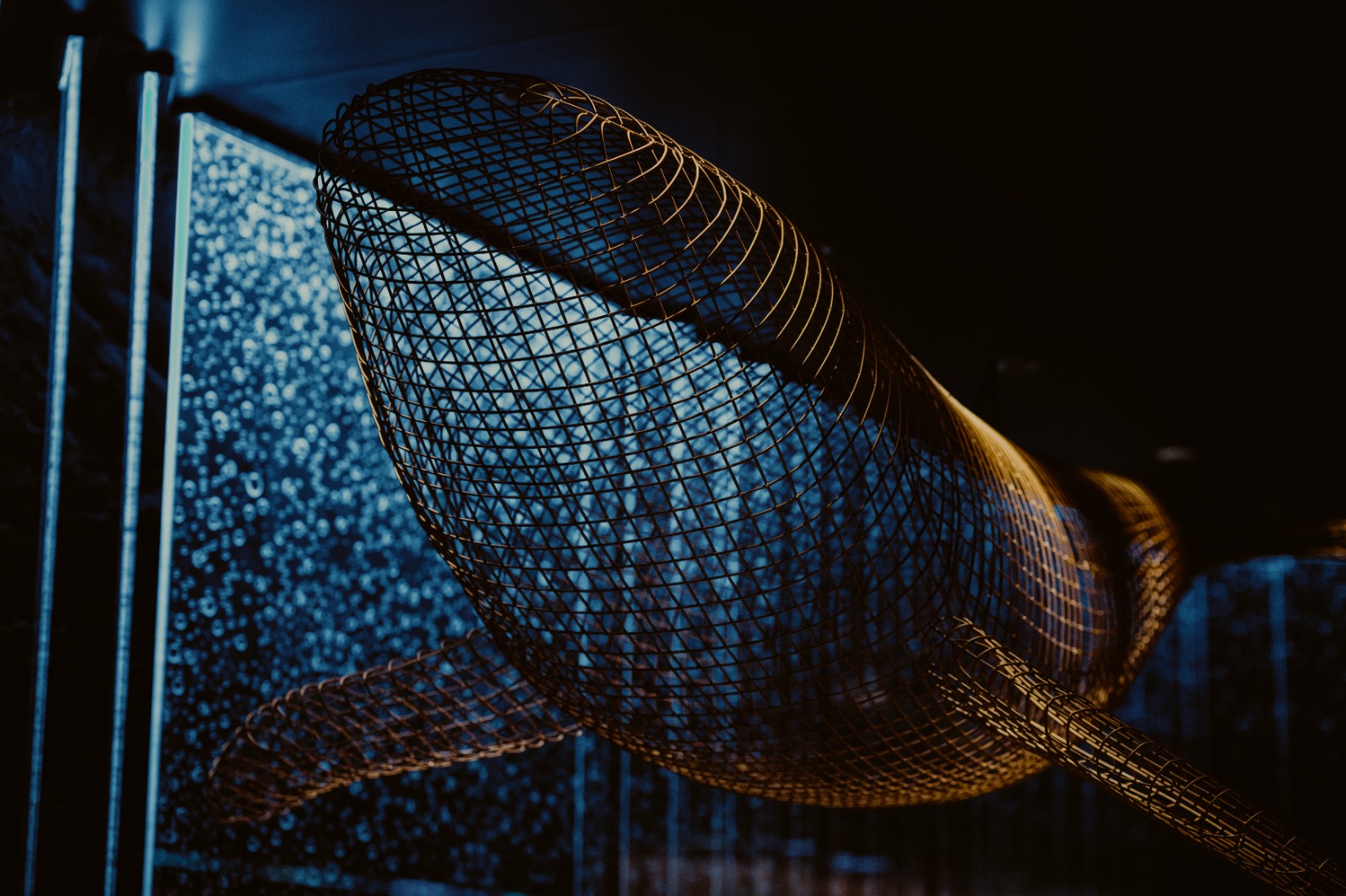 Scultura di balena dorata illuminata